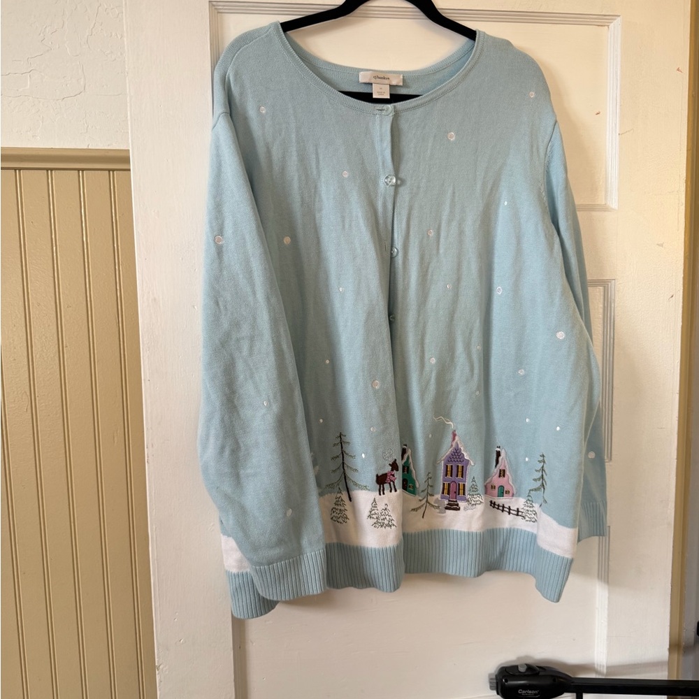 Plus size pastel baby blue Light Blue Christmas Cardigan sweater with Embroidery